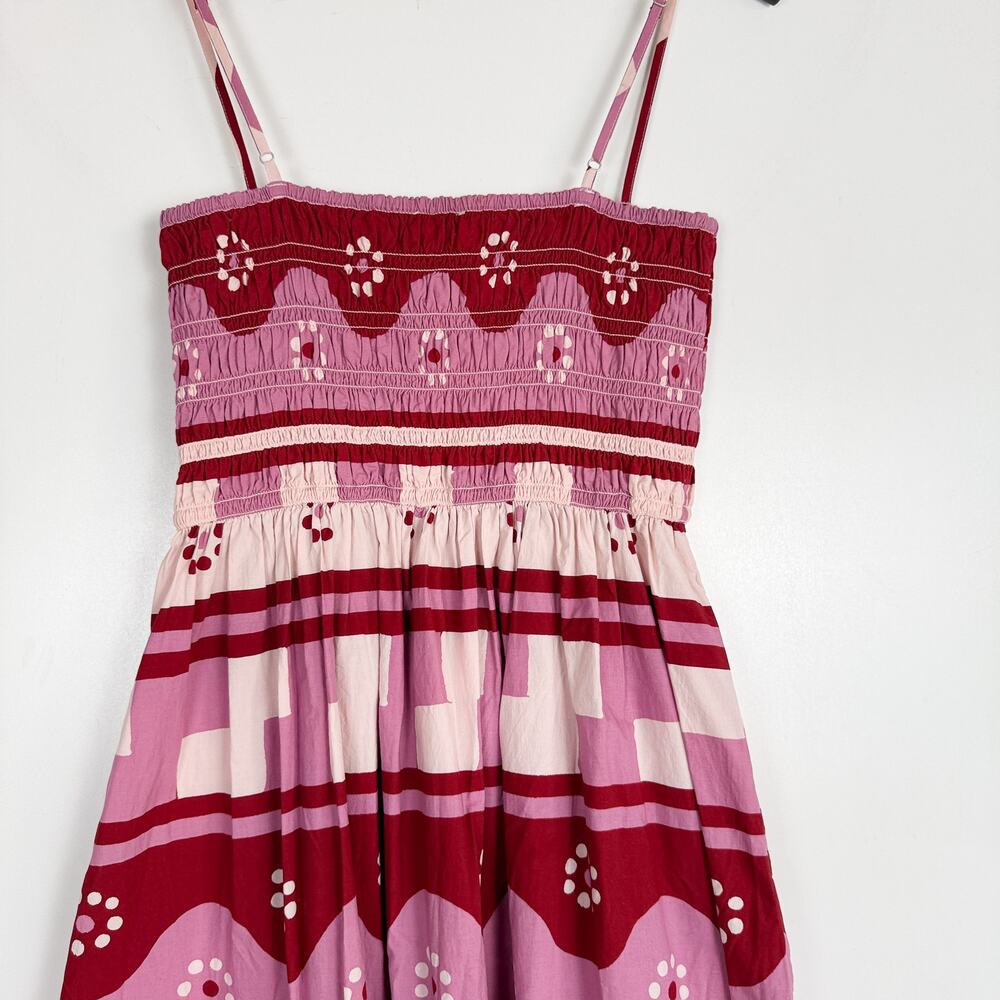Madewell Theo Sleeveless Shirred Midi Dress in Geodaisy Batik Pink Red - M - Picture 9 of 11